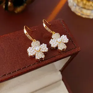 Clover Drop Earrings Gold Plated Copper Zircon Artificial Pearl Floral Chic For Women With Silver Earring Post