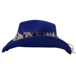 Close-up of navy blue western cowboy hat with decorative feathers and brown leather drawstring