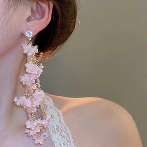 Close-up of pink flower tassel earrings with crystals on model for a graceful look