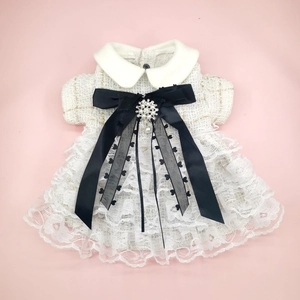 Elegant tweed pet dress with lace skirt and black bow for small dogs and cats