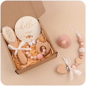 Baby Soothing Gift Accessories Including Silicone Pacifier Wooden Brush Heart Teether Milestone Card Beads Clip