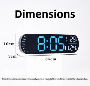 Detailed view of rectangular LED digital wall clock dimensions 35cm x 10cm x 3cm with blue digits