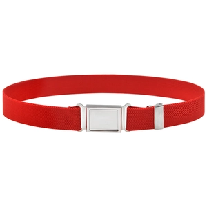 Close-up of red elastic kids belt with square silver metal magnetic buckle detail