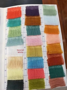 Detailed color chart showing 24 shades of crinkle cotton linen scarves with frayed edges