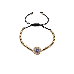 Bracciale regolabile con malocchio, perline dorate e cordino nero per le donne