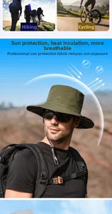Detail of army green outdoor boonie hat with sport embroidery and adjustable chin strap