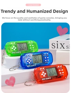Three mini Tetris handheld game consoles in neon green, blue, and red with keychains