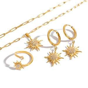 Golden sun jewelry set with crystal necklace, earrings and ring on white background