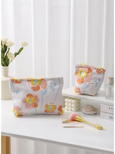 Two-piece floral embroidered cosmetic bag set with large and small portable storage cases