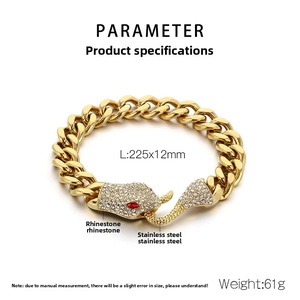 Detailed specs of gold Cuban link bracelet with rhinestone snake head and red eyes