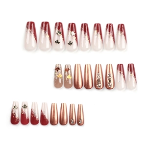 Autumn sparkling maple leaf press-on nails set with red sequins and rhinestones