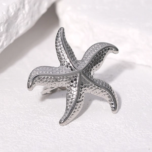 Minimalist silver starfish ring in stainless steel with textured sea life design details