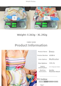 Detailed size chart and weight specifications for tropical print summer dress