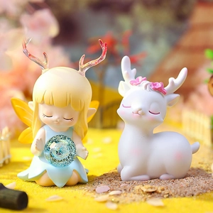 Cute fairy girl with white deer statue for creative desktop decoration and birthday gift