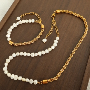 Baroque Freshwater Pearl Necklace And Bracelet Stainless Steel Twist Rope Chain Splicing Jewelry For Women Elegant
