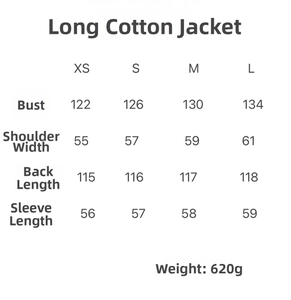 Detailed size chart for long hooded puffer coat with bust and shoulder measurements
