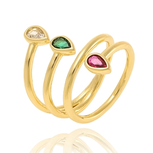 Three-piece set of gold-plated copper rings with colorful teardrop-shaped zircon stones