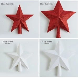 Detailed view of red and white glitter Christmas tree star toppers in 20cm and 25cm sizes