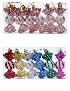 Detailed view of six candy-shaped Christmas tree ornaments in assorted colors with glitter