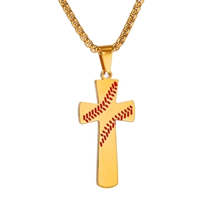 Gold stainless steel cross pendant necklace with red baseball stitch pattern and chain