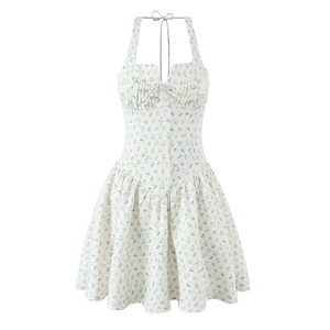 Robe Courte Imprimé Fleuri Français Licou Col Coeur Froncé Cordon Taille Haute Ligne A Bordure Dentelle Femmes