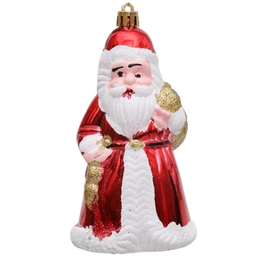 Detailed view of Santa Claus hanging ornament with red robe and golden gift bag