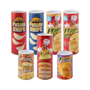 Assorted prank potato chip cans and popcorn canisters for Halloween trick props
