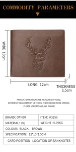 Detailed size chart for men's trifold wallet with deer head logo and PU leather material