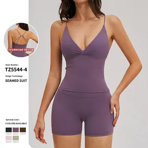 Women Yoga Workout Outfit Brushed Nylon Spandex V Neck Cross Back Top And High Waist Shorts Moisture Wicking Athletic