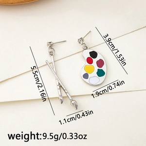 Artistic paintbrush and palette earrings with size and weight detail dimensions