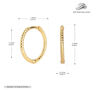 Detailed size specifications for gold twisted S925 sterling silver hoop earrings with weight