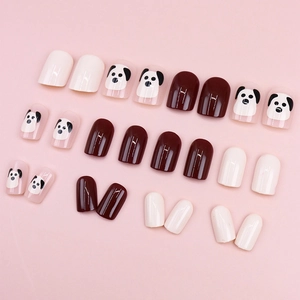 Faux ongles courts ronds avec motifs de chiots et finition marron brillant, lot de 24