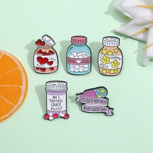 5-piece set of cute cartoon medicine bottle enamel pins with colorful hearts and stars