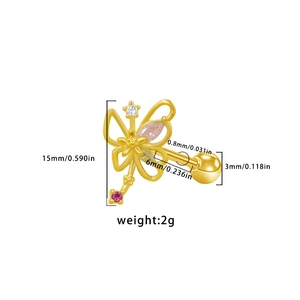 Detailed size specifications for golden butterfly ear stud with pink and white zircons