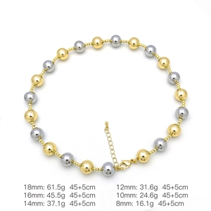 Detailed size chart of two-tone gold and silver beaded necklaces with length and weight specs