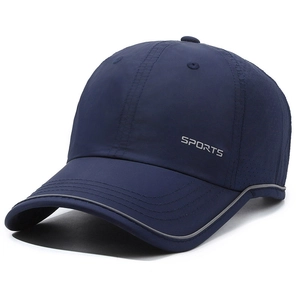 Breathable navy blue sports baseball cap with reflective trim and quick-dry fabric