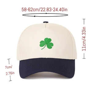 Detailed size chart of the colorblock baseball cap with green clover embroidery
