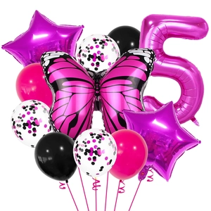 Hot pink butterfly and number 5 balloon set for girls birthday party decoration