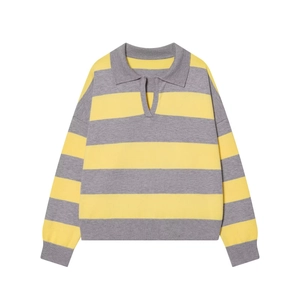 Detail of the Polo collar and yellow striped pattern on the knitted sweater
