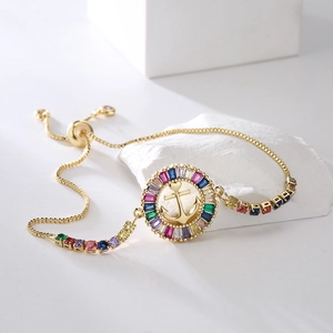 Anchor Pendant Bracelet For Women Rainbow Zircon Adjustable Copper 18K Gold Plated Jewelry