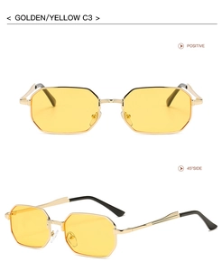 Detailed front and side views of golden metal octagonal sunglasses with yellow lenses