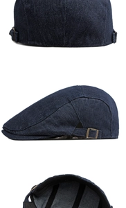 Detail der dunkelblauen Denim-Schirmmütze mit Vintage-Bronzeschnalle und Innenfutter