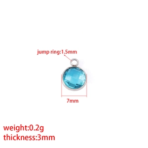 Blue round 7mm birthstone pendant with silver jump ring and detailed size annotations