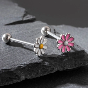 Anneau De Langue Marguerite En Acier Titane Émail Piercing Goujon Bijoux De Corps Dos À Boule Vissée Pour Femmes