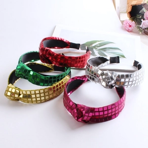 Sequin Knotted Wide Brim Headband Sparkling Fabric Hair Accessory For Women Fashionable Square Mosaic Pattern Design