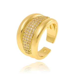 Close-up of golden geometric adjustable ring with multi-row micro-set clear zircons