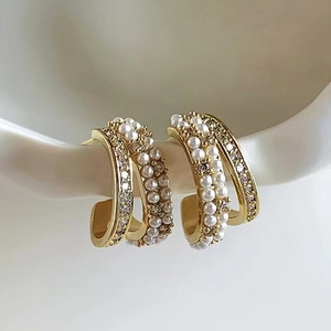 Double Row C Shaped Hoop Earrings With Zircon Faux Artificial Pearl 925 Sterling Silver Earring Post French Gold Plated Jewelry Women
