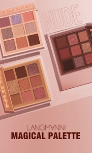 Dettaglio ravvicinato di palette di ombretti a nove colori con texture opache e shimmer