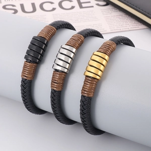 Men's woven leather bracelets with black, silver and gold stainless steel ring charms