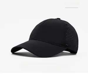 Detail view of the breathable mesh side panel on this black quick-dry sport baseball cap